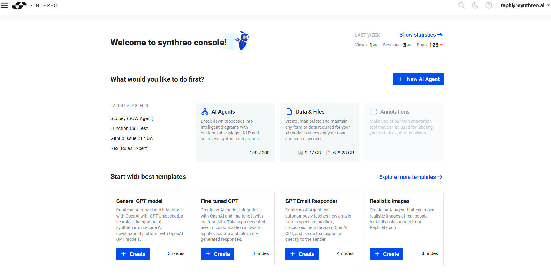 ThreoBuilder Dashboard - Main interface showing AI agents and statistics