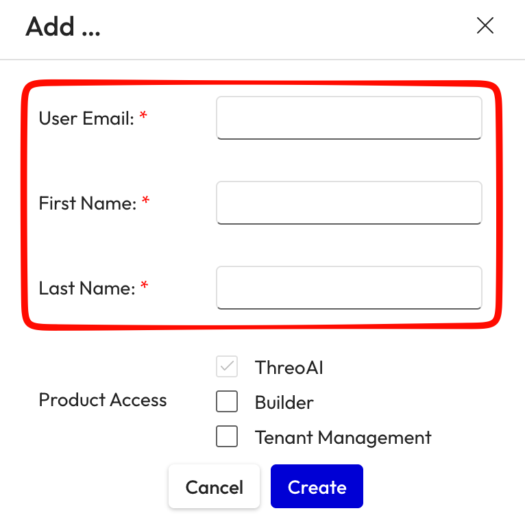 Add user dialog with fields for email, first name, last name, and product access checkboxes