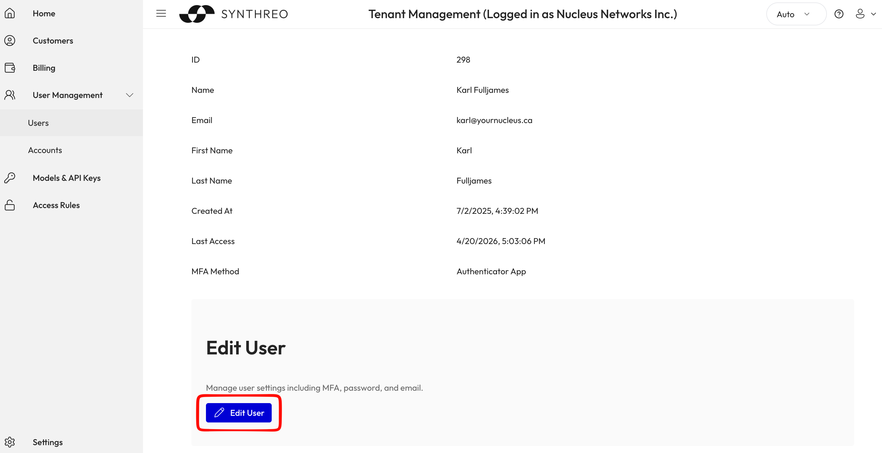 Tenant Management user information detail page showing the Edit User section