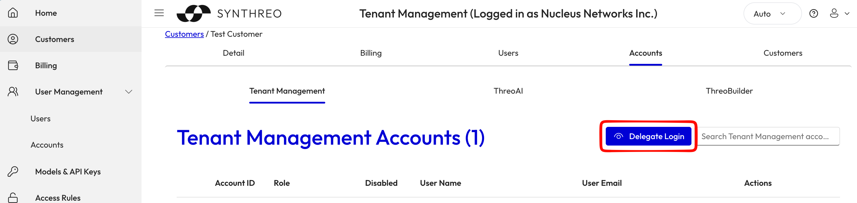Tenant Management customer accounts tab showing the Delegate Login button and list of accounts