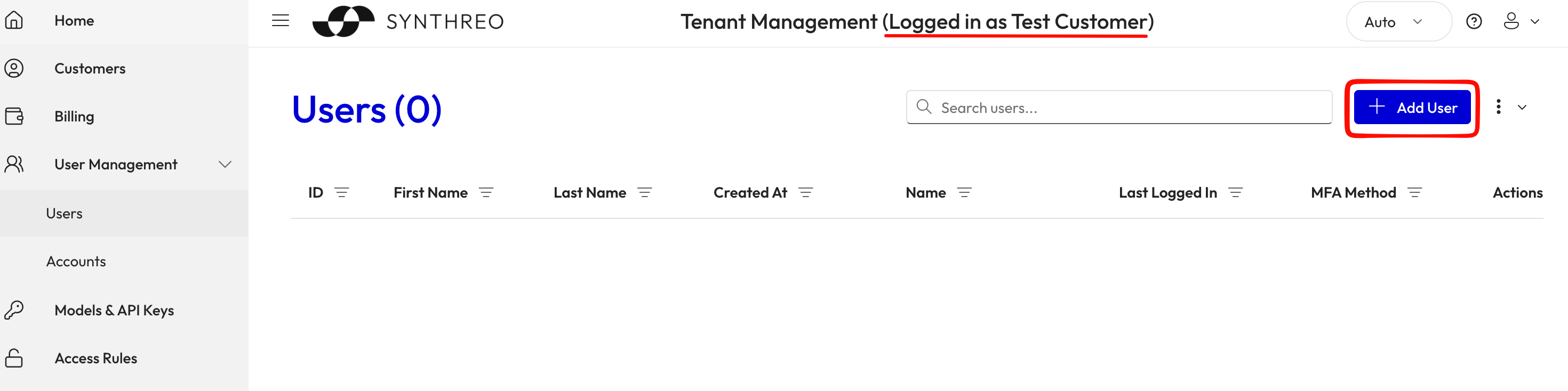 Customer users list in a delegated Tenant Management session showing that customer's users