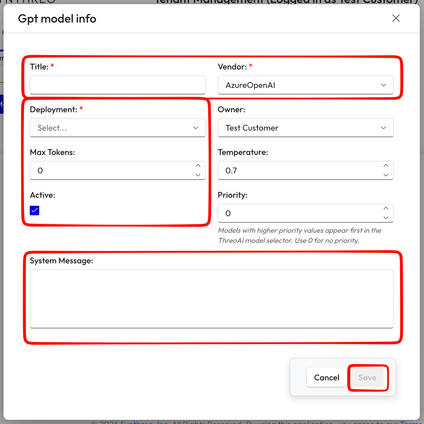 Add new model dialog showing title, vendor, deployment, temperature, priority, and system message fields