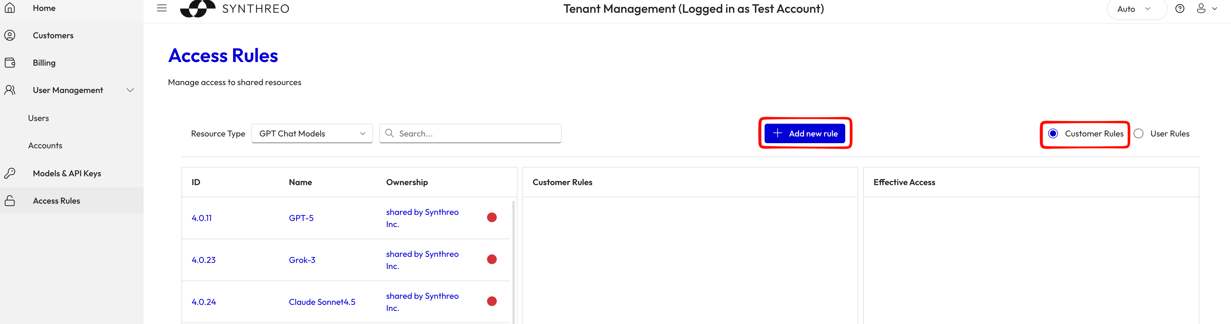 Access Rules page showing customer rules for a selected GPT model with effective access column