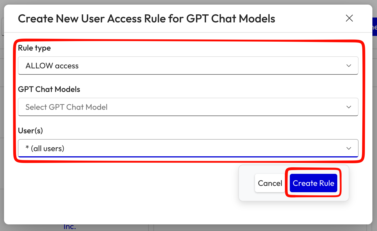Create user access rule dialog with rule type, model, and user selection fields