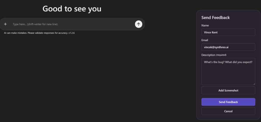 Send Feedback panel with Name, Email, Description, Add Screenshot, Send Feedback, and Cancel