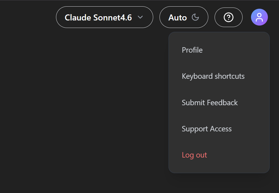Profile menu open with Submit Feedback highlighted — model selector, theme, help, and avatar in the header