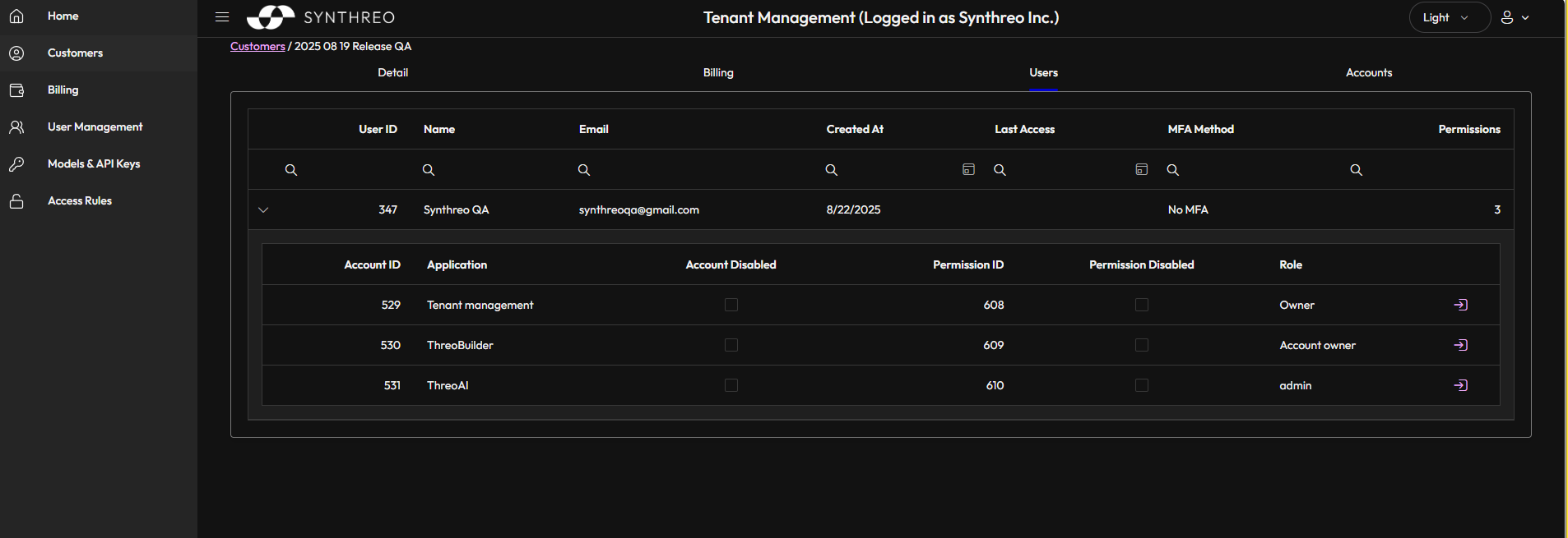 Tenant Management — multi-tenant control panel for managing users, customers, and permissions in Synthreo
