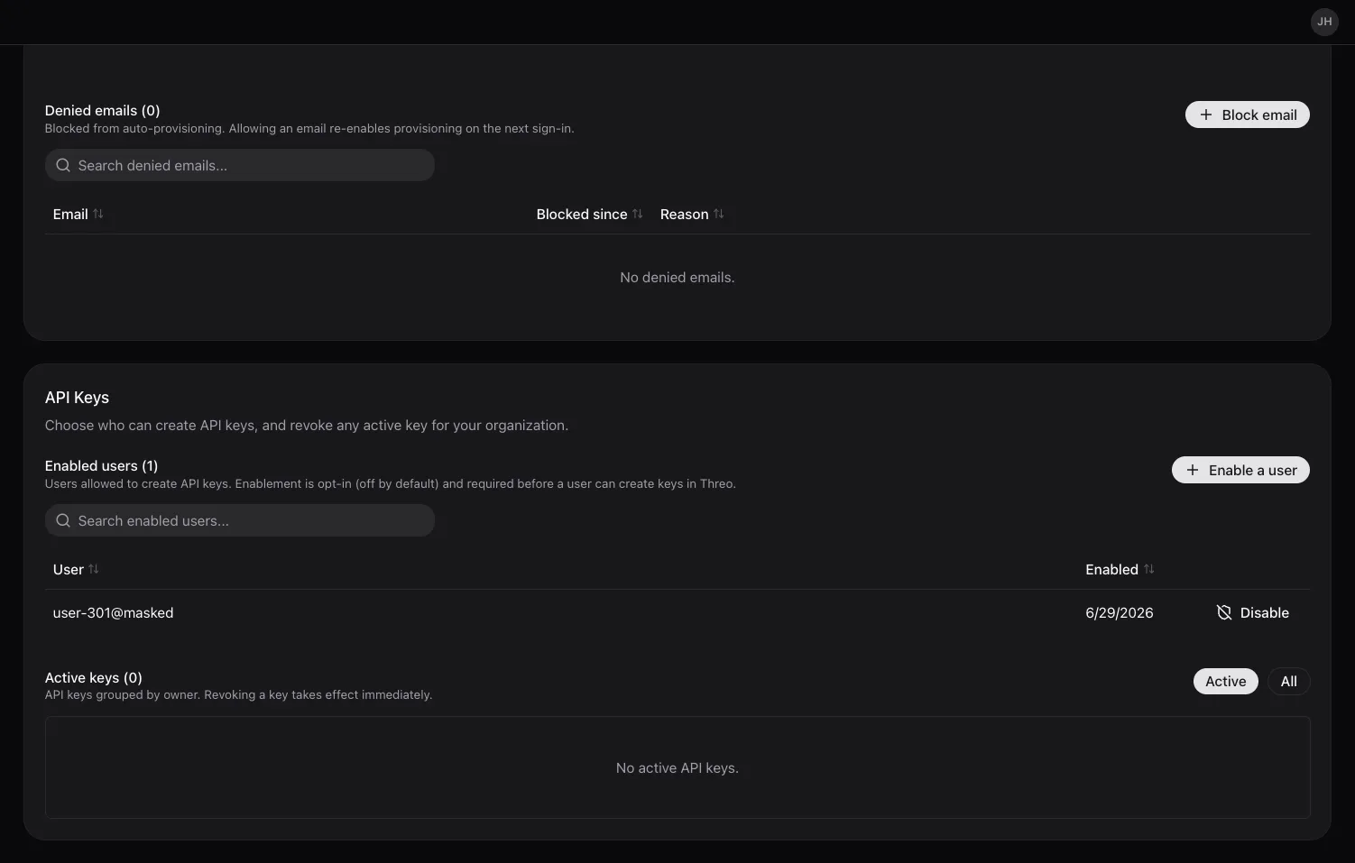 API Keys card with the Enabled users list and the Enable a user control