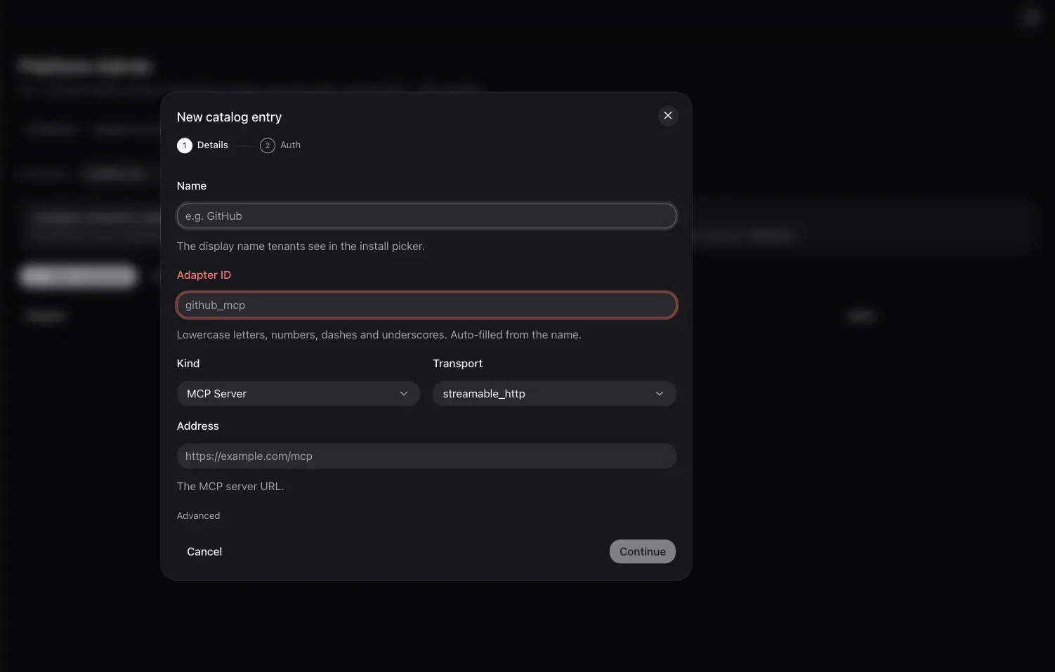 New catalog entry wizard, Step 1 Details, with the Name, Adapter ID, Kind, Transport, and Address fields