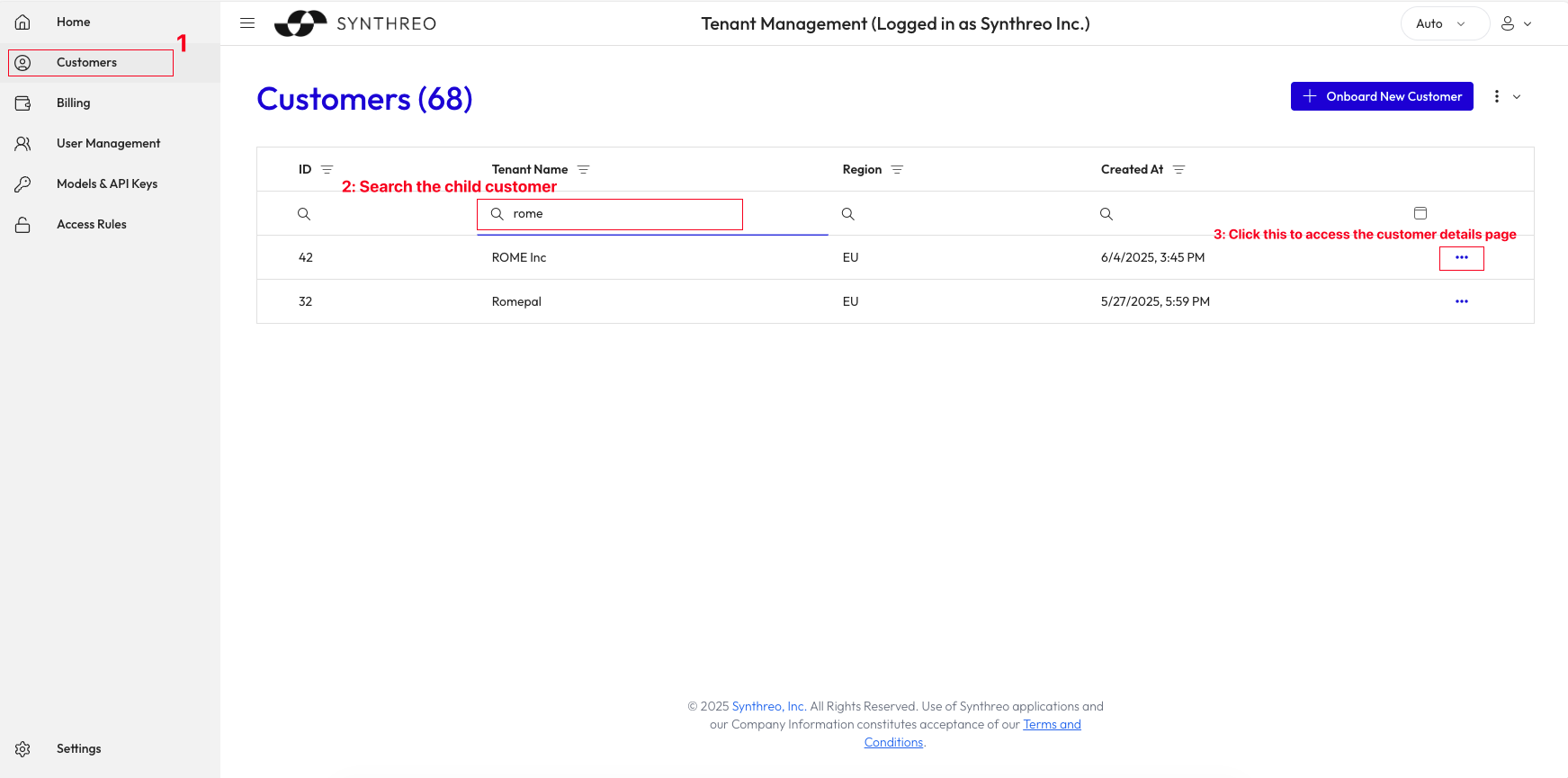 Tenant Management Customers tab - navigating to a child customer tenant to add a new user