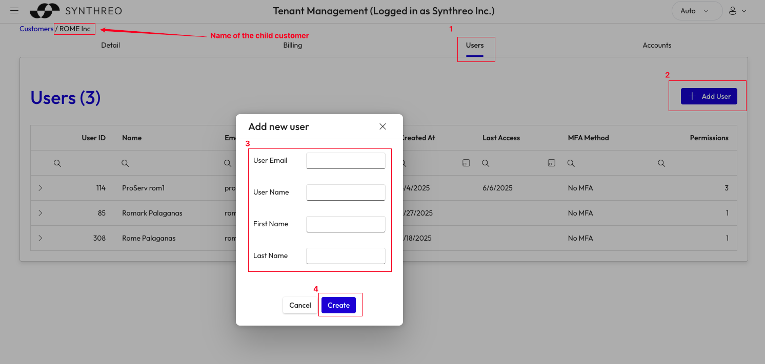 Add User form for a child customer tenant - email, first name, and last name fields with Save button