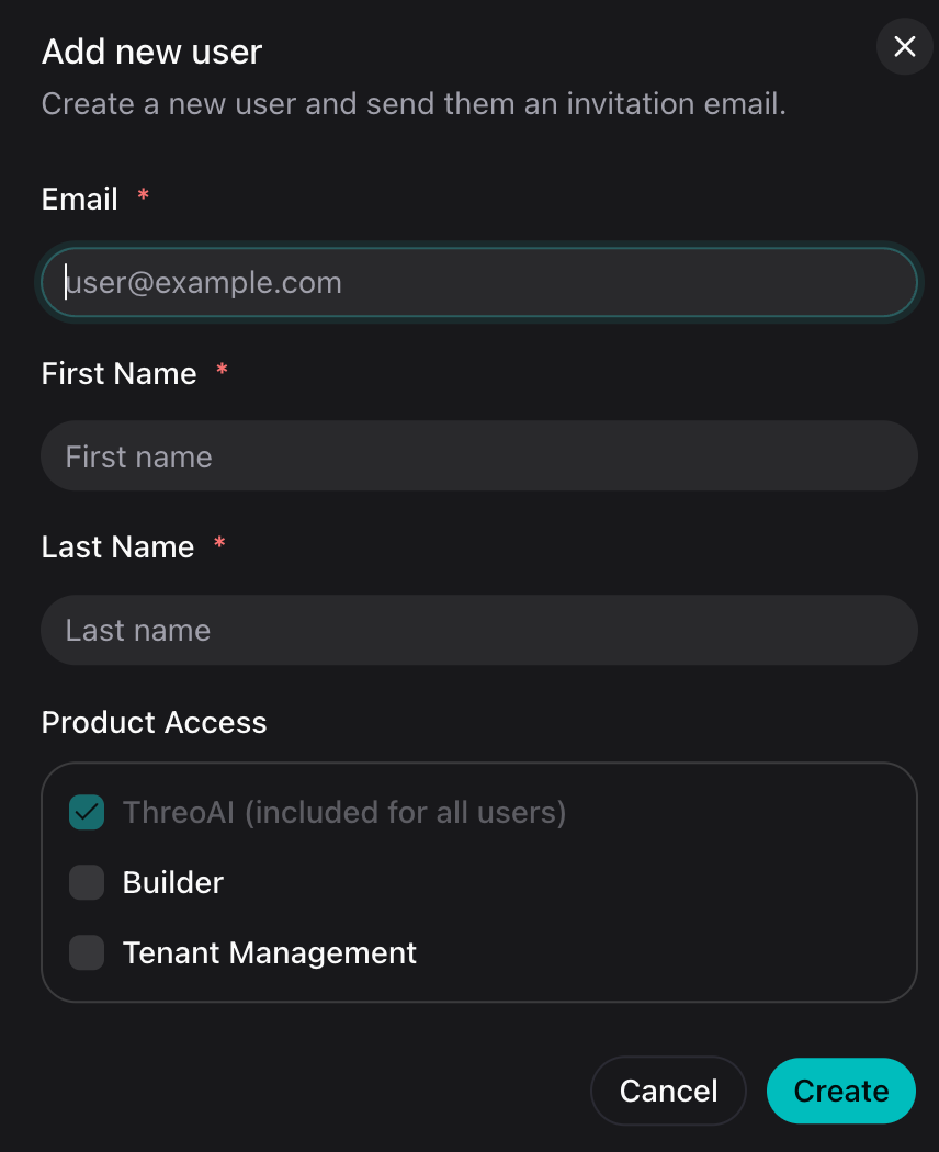 Add new user dialog for a child customer tenant - email, first name, and last name fields with Product Access options and the Create button