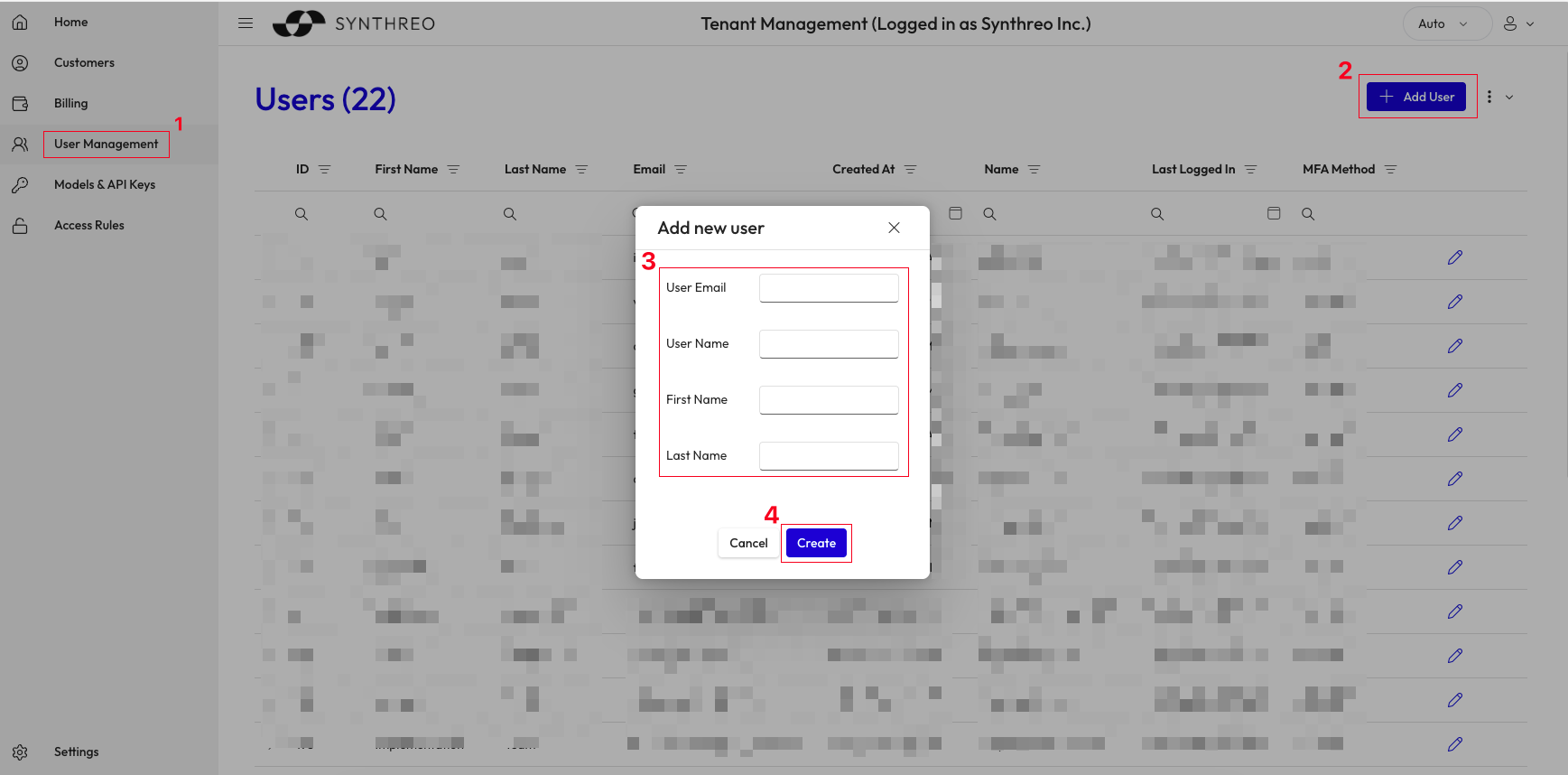 Tenant Management Add User form - fields for email, first name, and last name in the parent tenant