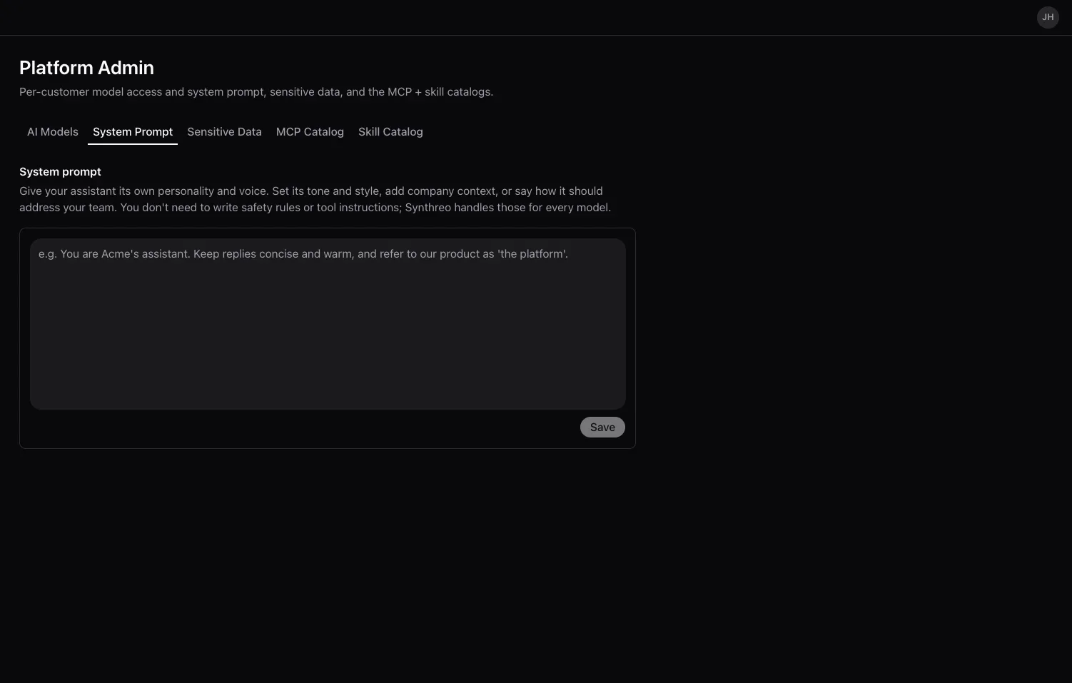 Canopy Platform Admin System Prompt tab with the Company system prompt box
