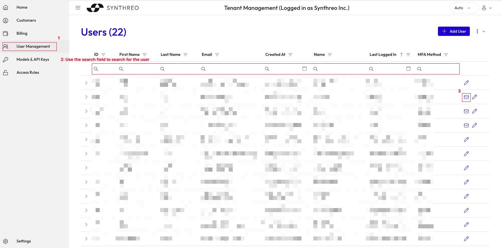 User Management list in Synthreo showing the envelope icon used to resend a welcome email