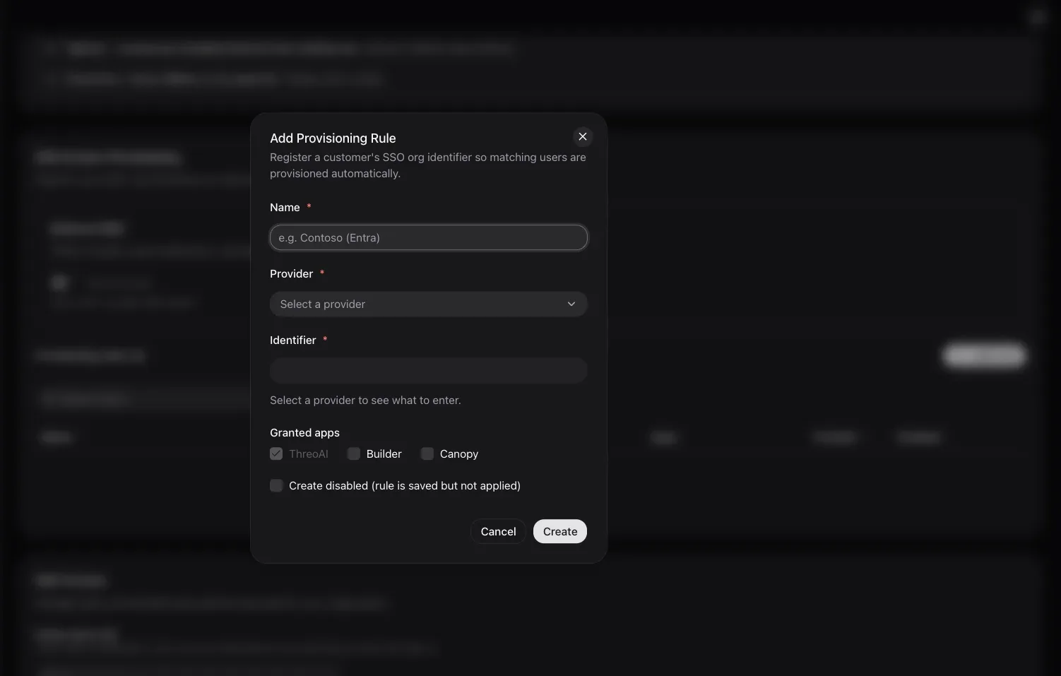 Add Provisioning Rule dialog with Name, Provider, Identifier, and Granted apps fields