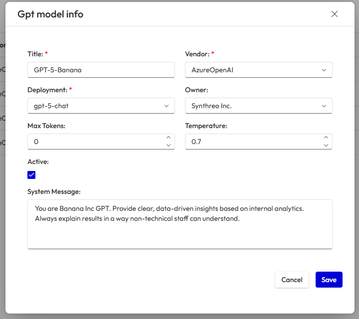 GPT Model Info form - configure vendor, deployment, tokens, temperature, and system message