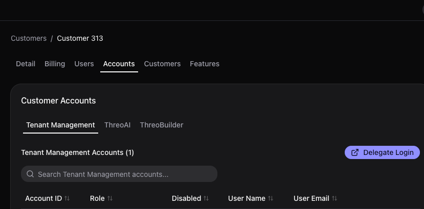 Canopy Delegate Login control for accessing a child customer tenant