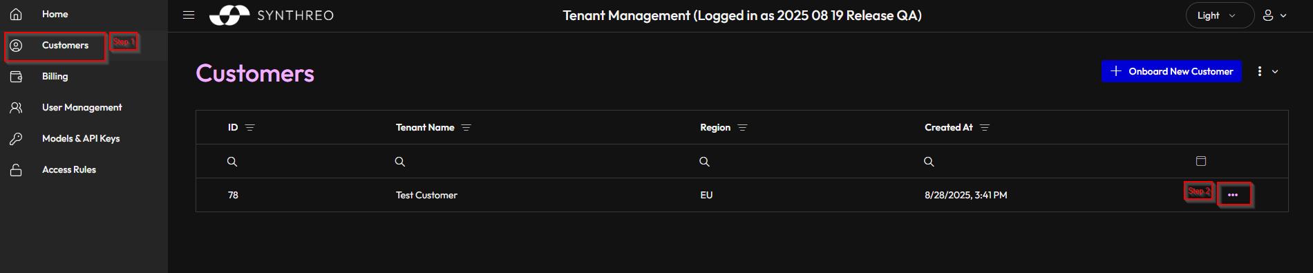 Tenant Management Customers list with ellipsis menu expanded, showing the Users option to access impersonation controls