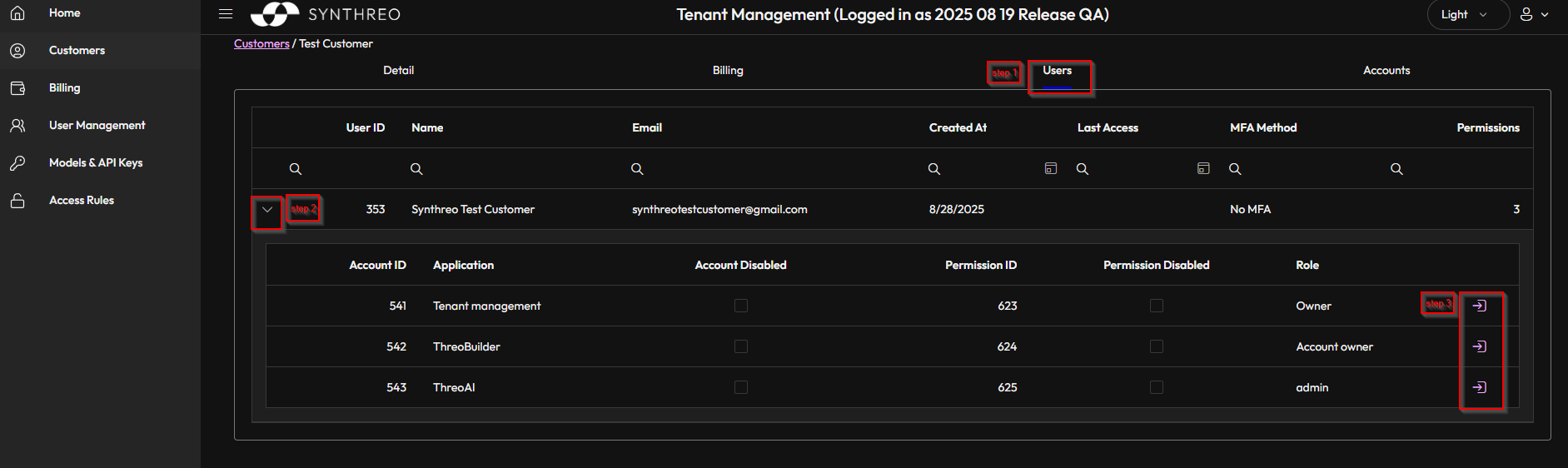 User list in Tenant Management showing the expand arrow and impersonate icon next to each application