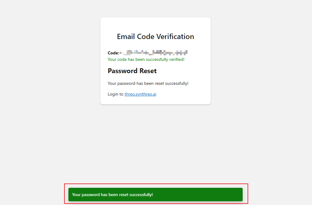 Password reset success screen