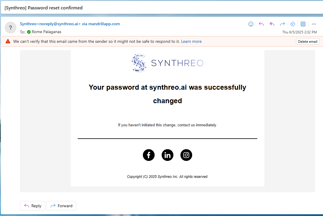 Password reset confirmation email