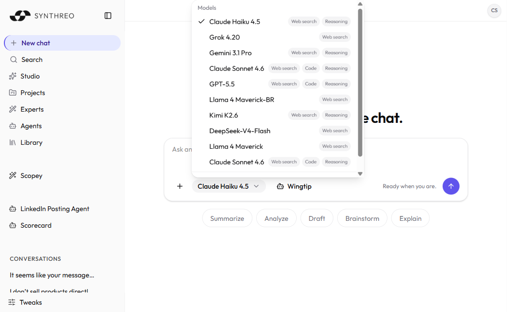 ThreoAI model selector open with capability badges for Web search, Code, Image gen, and Reasoning under a model name