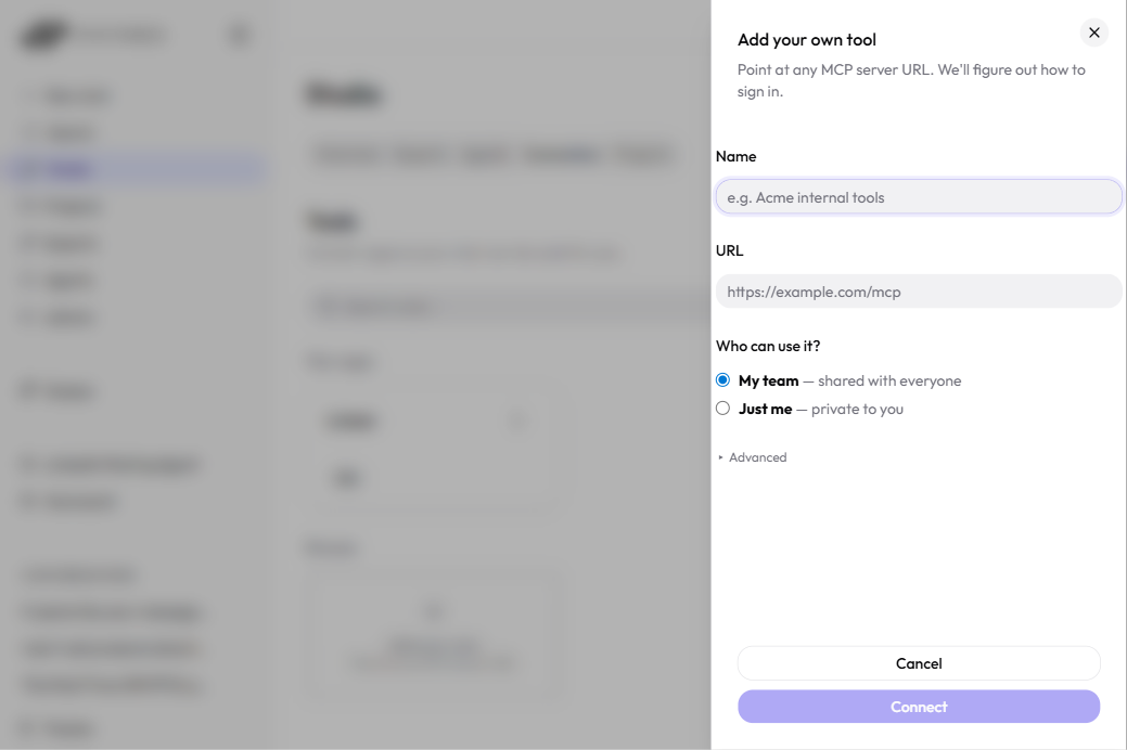 ThreoAI Add your own tool panel with Name and URL fields and a Just me or My team access choice