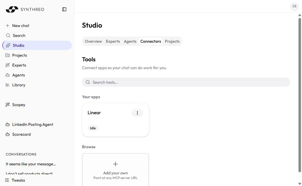 ThreoAI Studio Connectors tab with the Tools heading, a Your apps section, and a Browse section for connecting apps