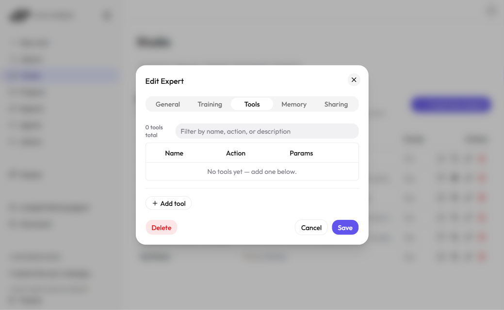 ThreoAI Expert editor Tools tab showing one configured action with its parameters