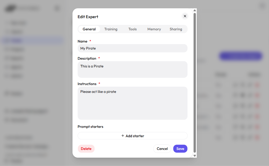 ThreoAI Create Expert dialog on the General tab with Name, Description, and Instructions fields and the tab row
