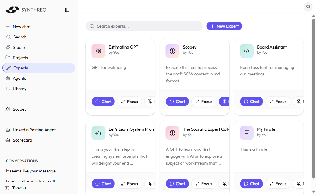 ThreoAI Experts catalog showing a grid of Expert cards with a search box at the top