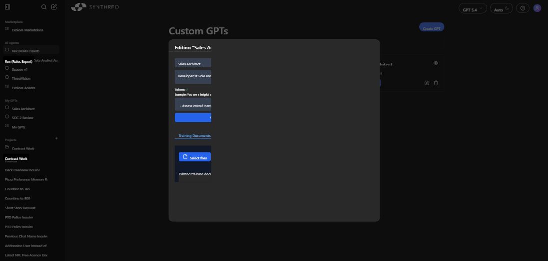 Editing an existing Custom GPT showing populated fields and existing training documents table