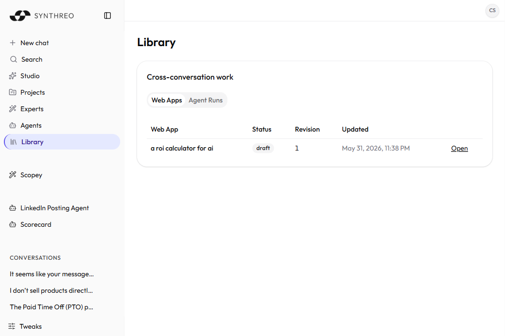 ThreoAI Library Web apps tab showing generated web apps as cards