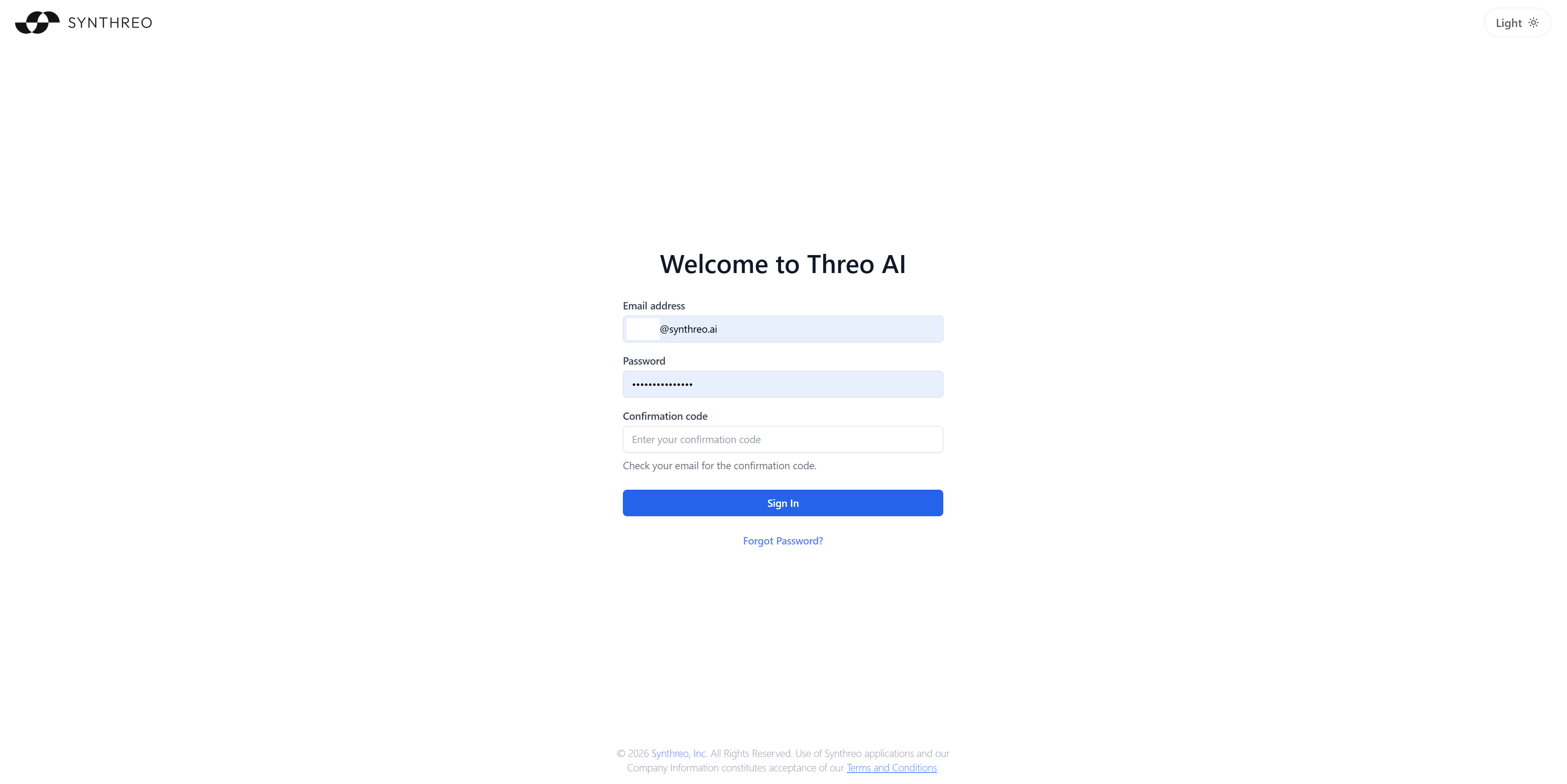 ThreoAI login screen with email, password, and confirmation code fields visible after entering credentials