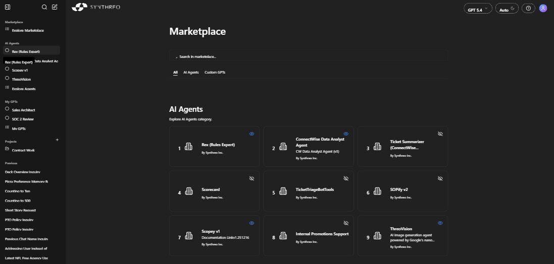 ThreoAI Marketplace showing AI Agents and Custom GPTs in a grid layout