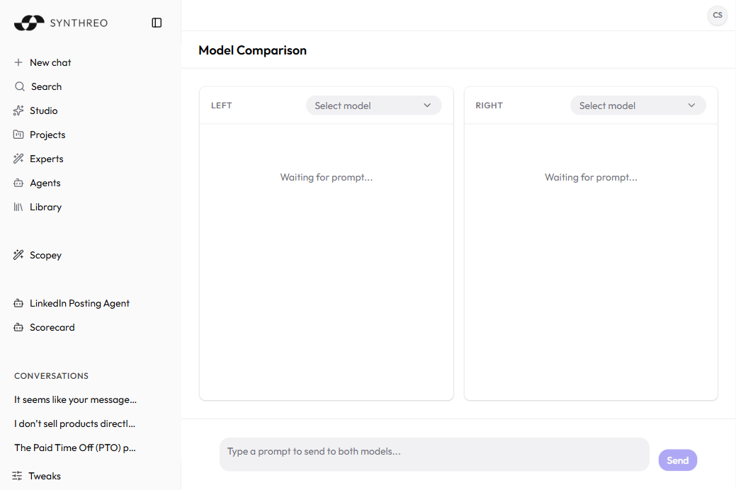 ThreoAI Model Comparison page with two model panels side by side, a model selector on each, and a shared prompt box