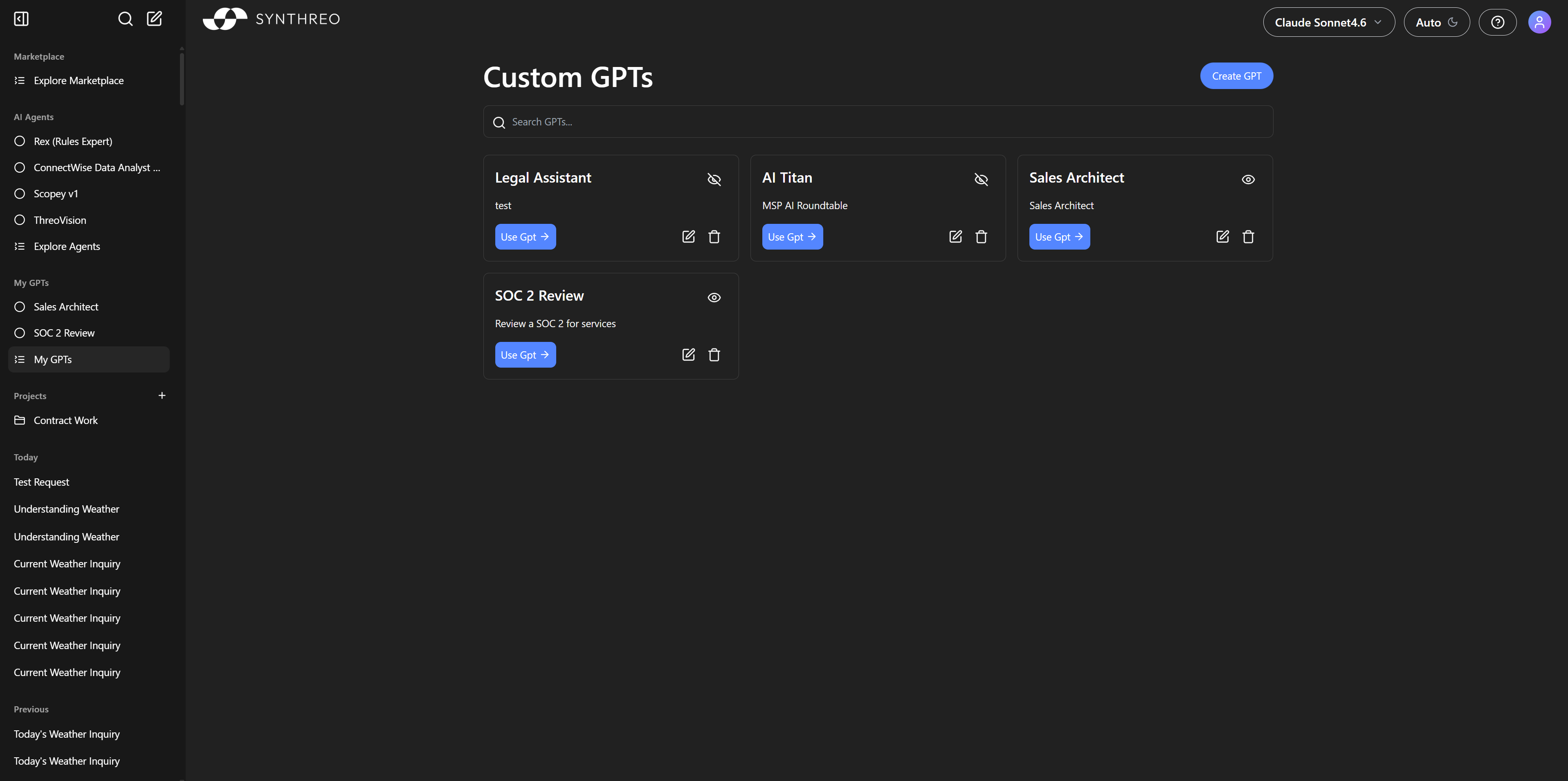 ThreoAI Custom GPTs page showing GPT cards with Use Gpt, edit, and delete options