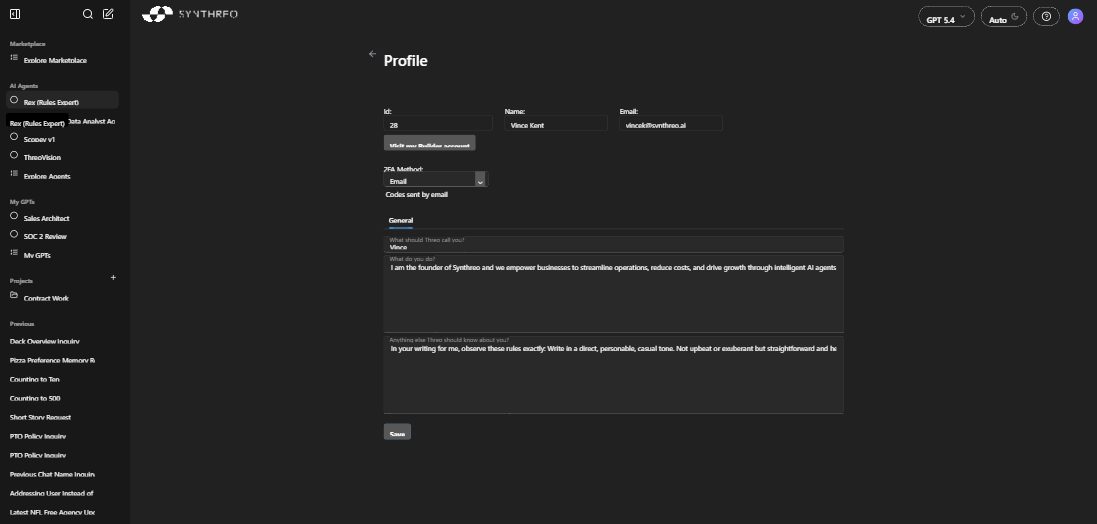 ThreoAI Profile Settings General tab showing user context fields and default model selector