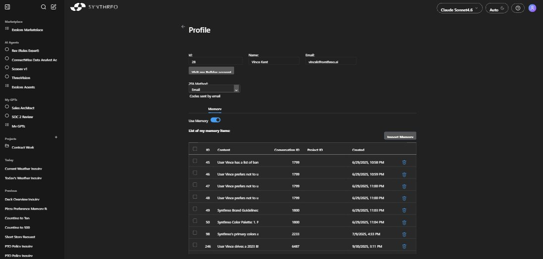 ThreoAI Profile Memory tab showing the Use Memory toggle, Import Memory button, and list of memory items