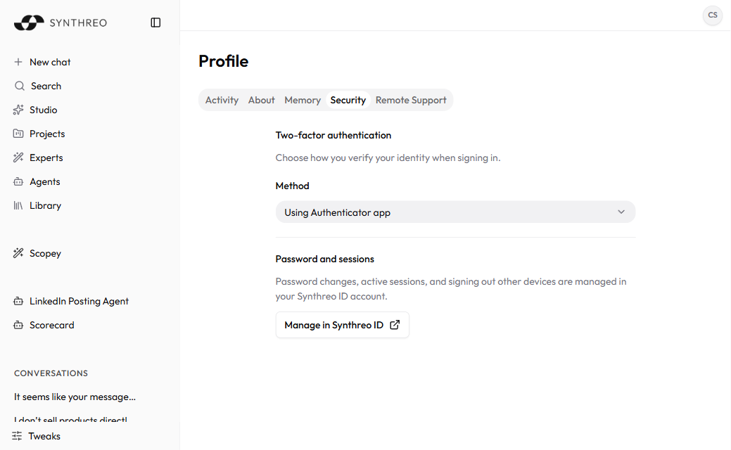 ThreoAI Profile Security tab with the two-factor Method dropdown and the Manage in Synthreo ID link