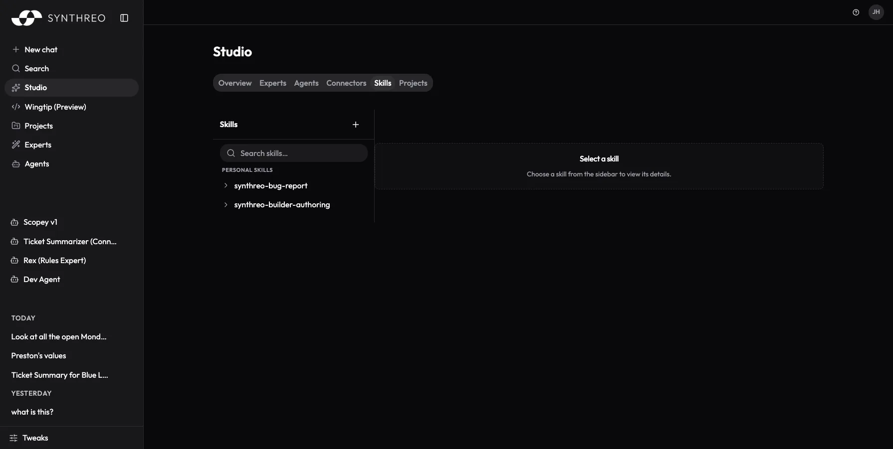 ThreoAI Studio Skills tab with the two-pane skills list and detail view
