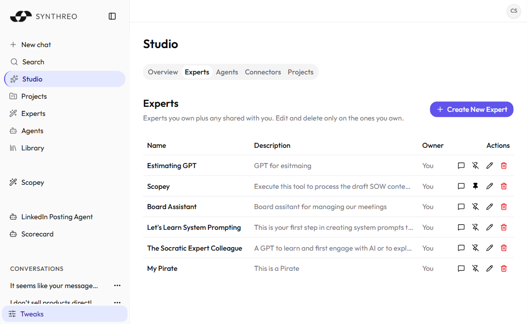 ThreoAI Studio Experts tab with the Create New Expert button