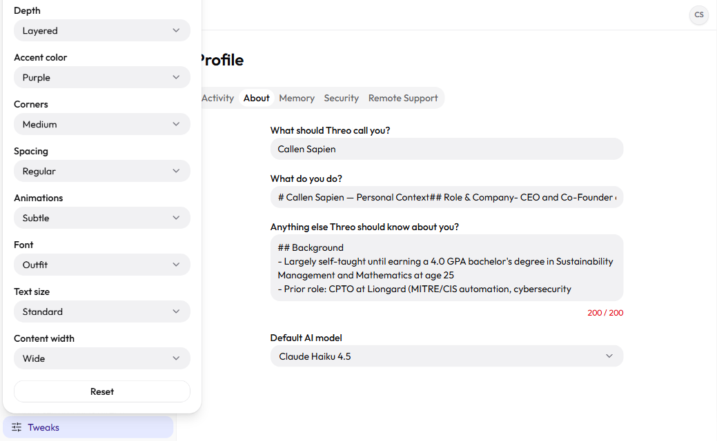 ThreoAI Tweaks popover open from the left sidebar footer sliders icon, showing the nine appearance controls
