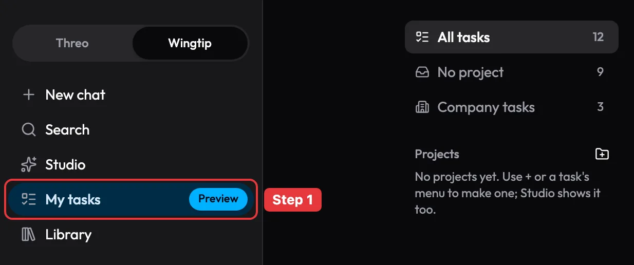 Wingtip sidebar with the My tasks row and its Preview badge highlighted