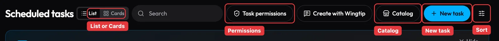 My Tasks header in Wingtip with the view switch, Task permissions, Catalog, New task, and Task settings highlighted